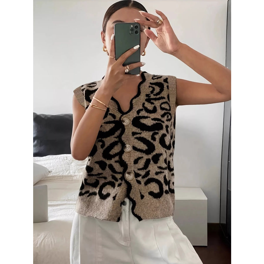 Plus Size Leopard Scalloped Edge Button-Down Sweater Vest Apparel and Accessories