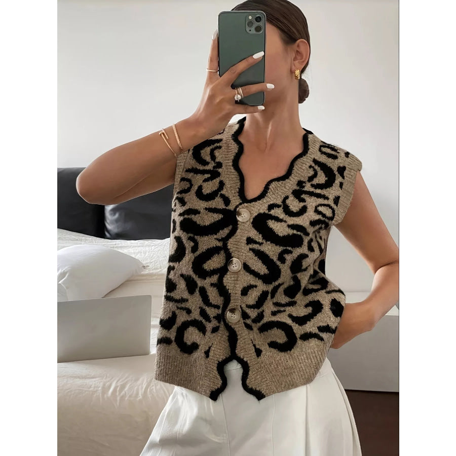 Plus Size Leopard Scalloped Edge Button-Down Sweater Vest Apparel and Accessories