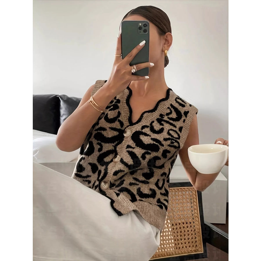 Plus Size Leopard Scalloped Edge Button-Down Sweater Vest Taupe / 1XL Apparel and Accessories