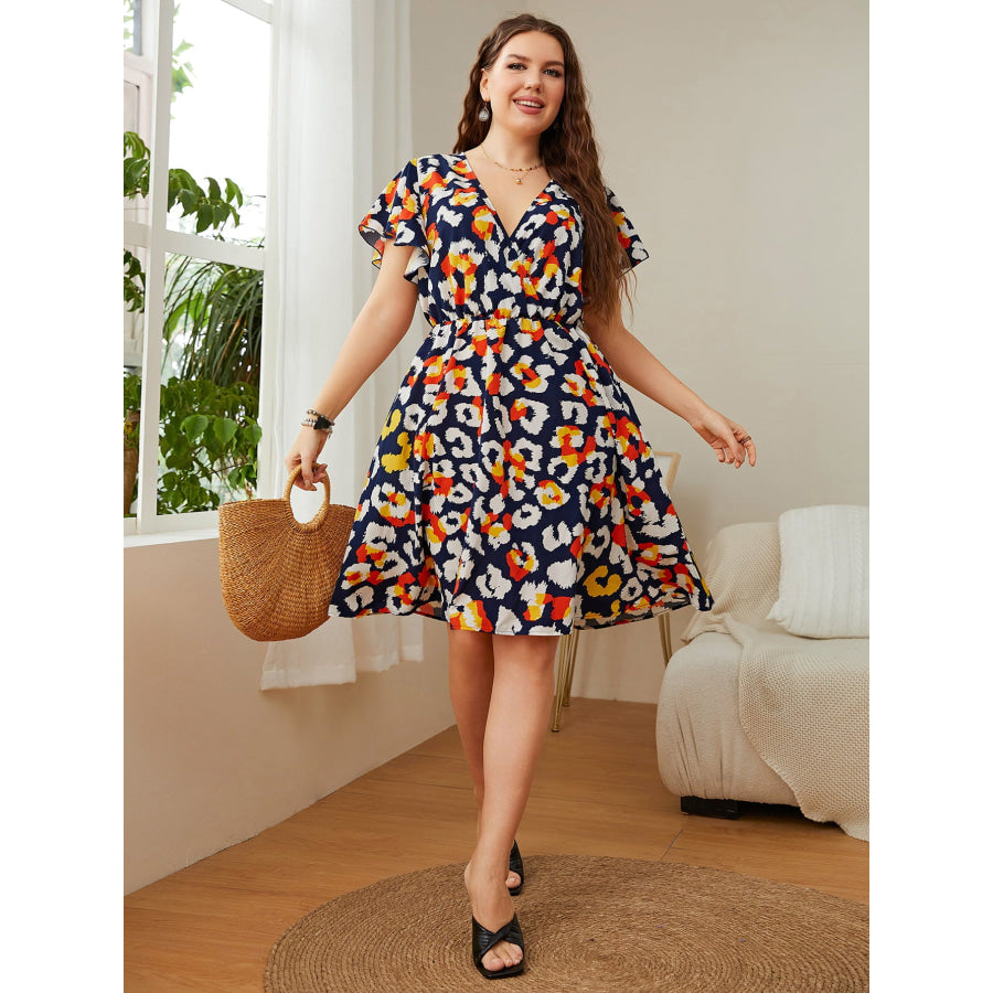 Plus Size Leopard Surplice Neck Flutter Sleeve Dress Multicolor / 1XL