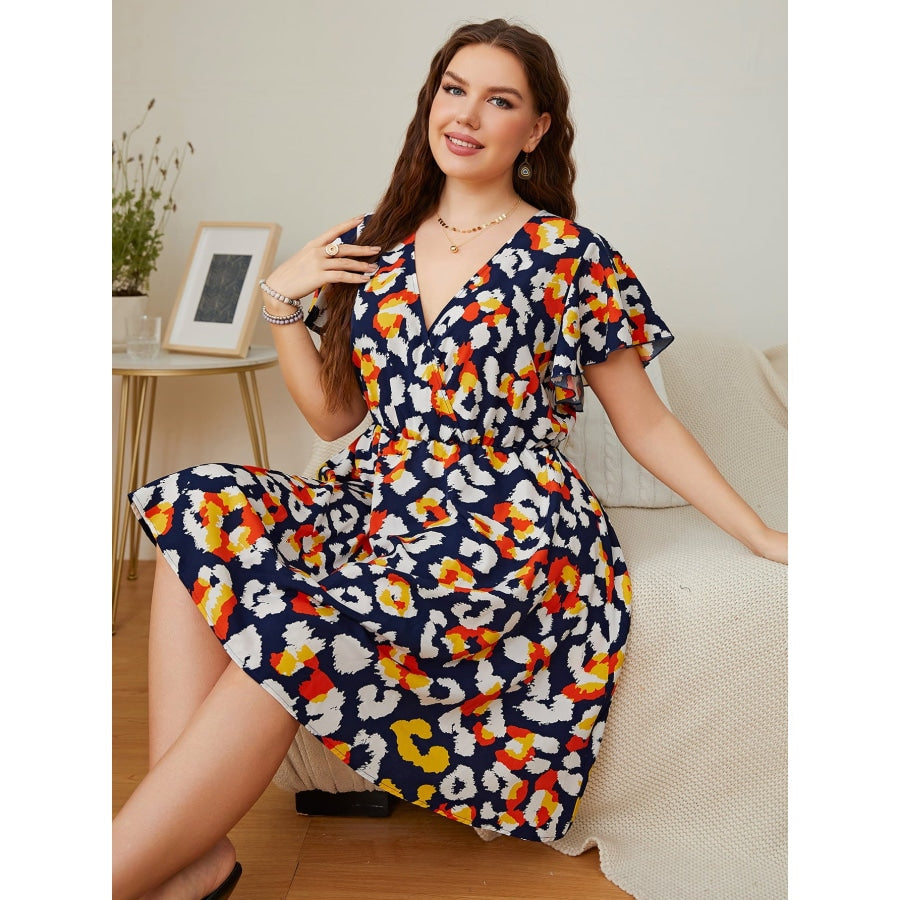 Plus Size Leopard Surplice Neck Flutter Sleeve Dress