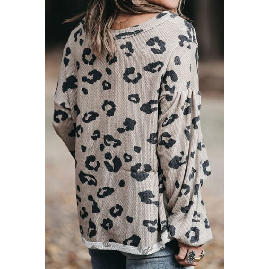 Plus Size Leopard V-Neck Dropped Shoulder T-Shirt Clothing