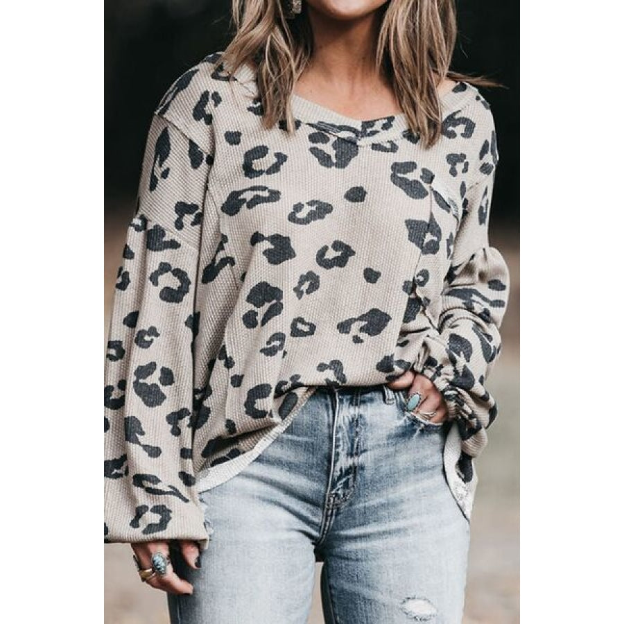 Plus Size Leopard V-Neck Dropped Shoulder T-Shirt Mocha / 1XL Clothing