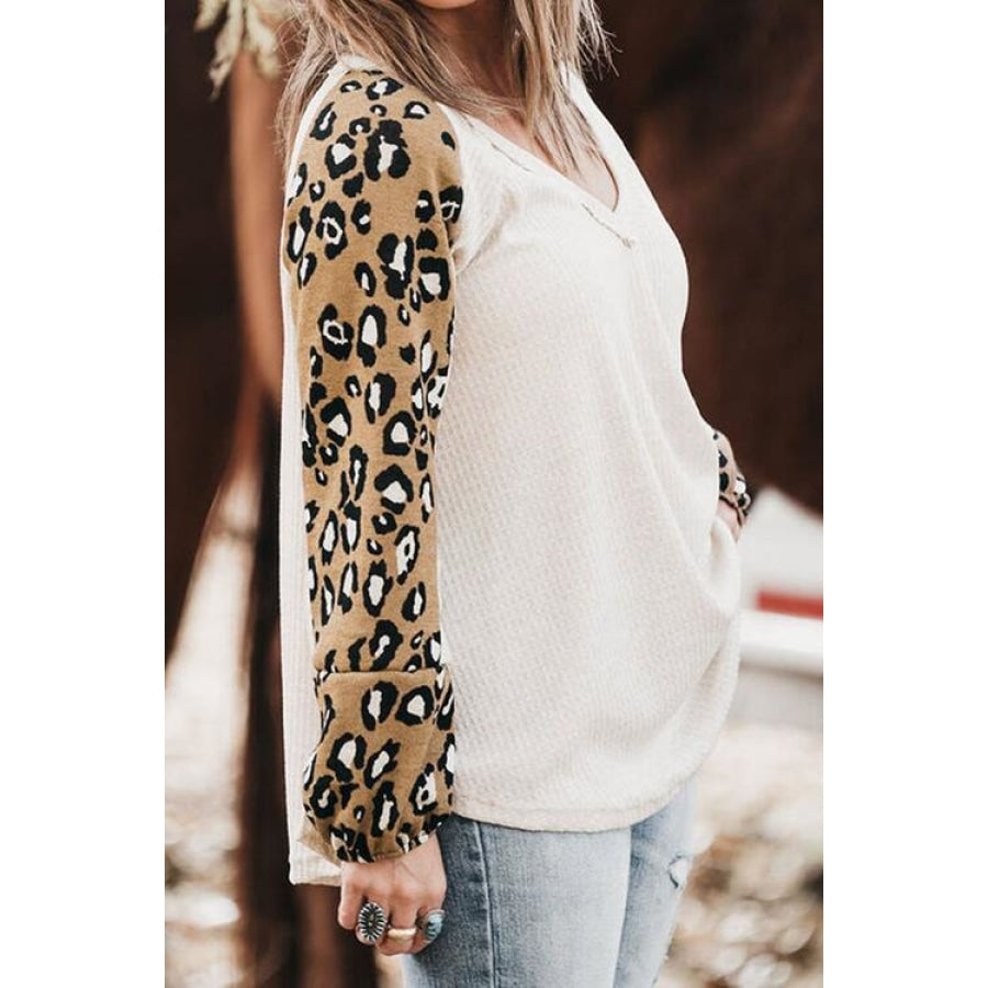 Plus Size Leopard V-Neck Raglan Sleeve Blouse