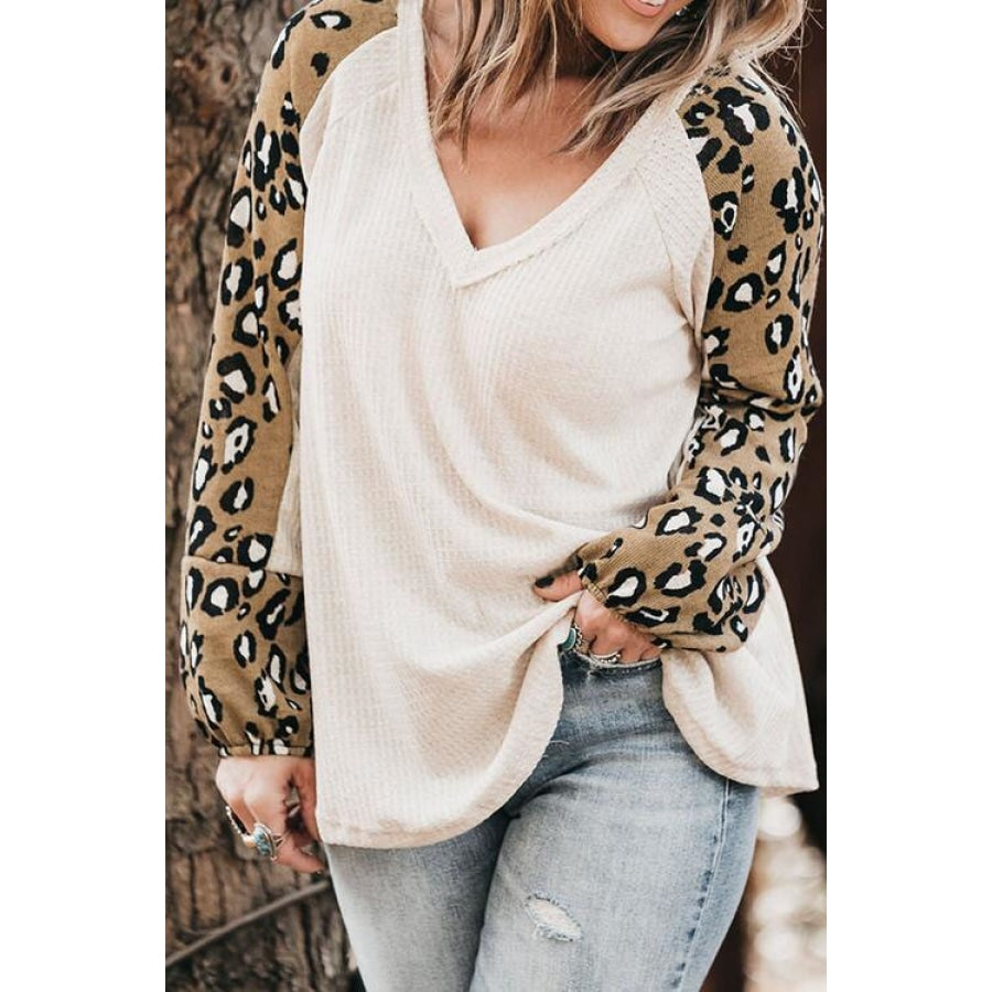 Plus Size Leopard V-Neck Raglan Sleeve Blouse