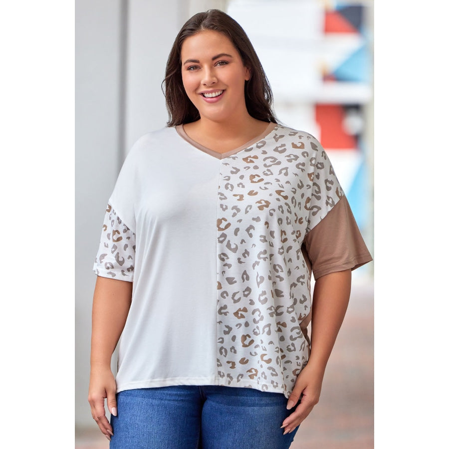 Plus Size Leopard V-Neck T-Shirt White / 1X