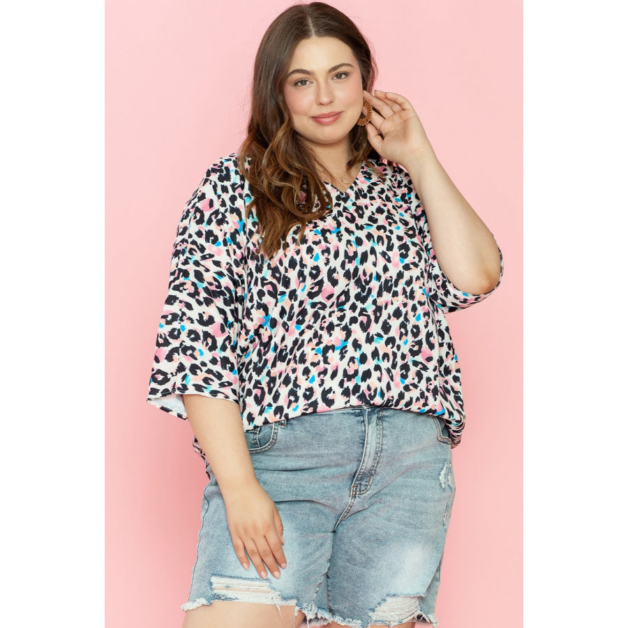 Plus Size Leopard V-Neck Three-Quarter Sleeve Blouse Apparel and Accessories