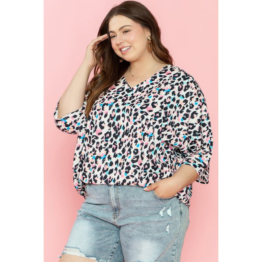 Plus Size Leopard V-Neck Three-Quarter Sleeve Blouse Apparel and Accessories