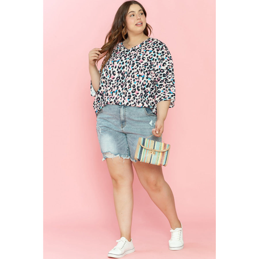 Plus Size Leopard V-Neck Three-Quarter Sleeve Blouse Apparel and Accessories