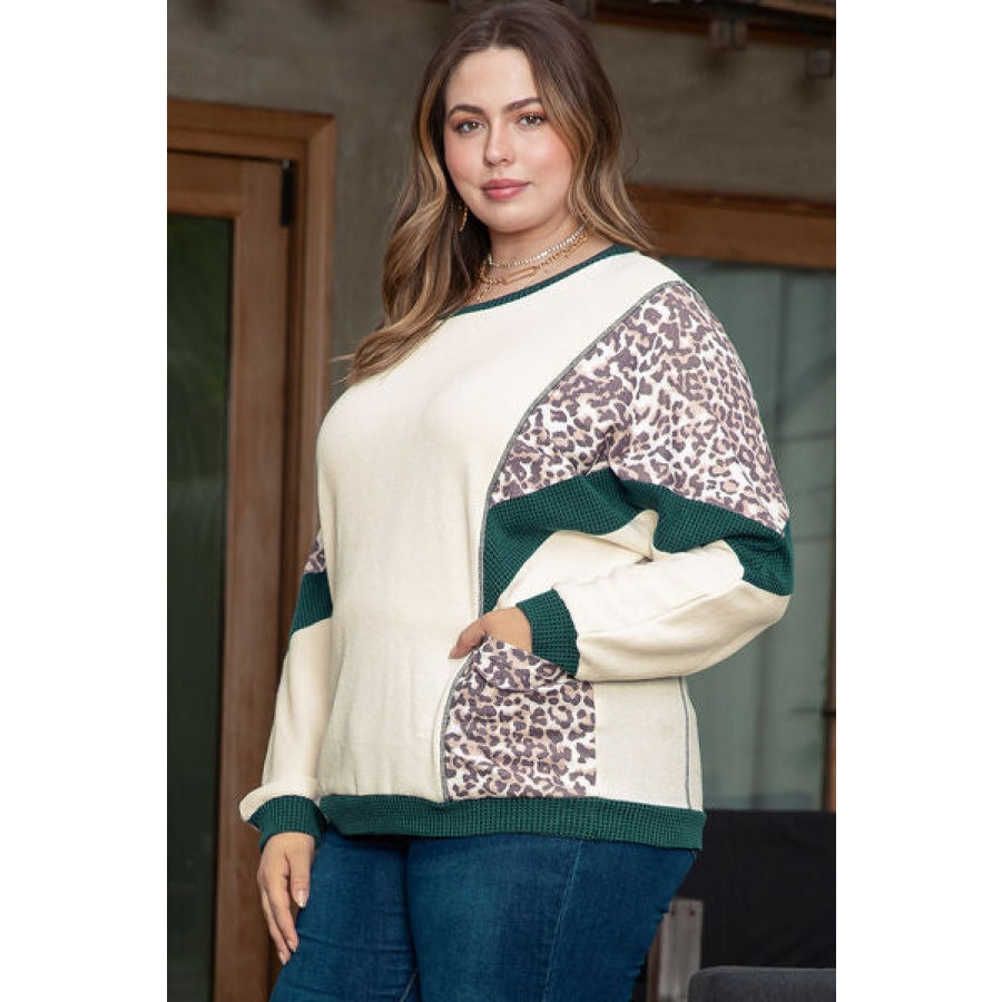 Plus Size Leopard Waffle-Knit Long Sleeve T-Shirt Clothing