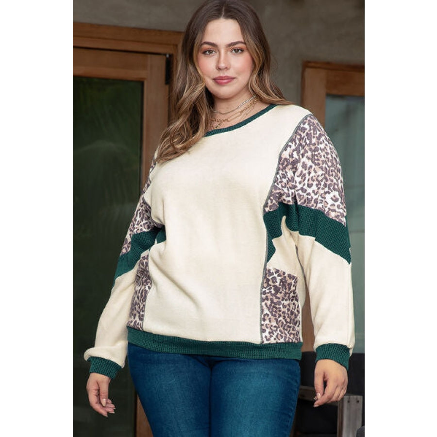 Plus Size Leopard Waffle-Knit Long Sleeve T-Shirt Clothing