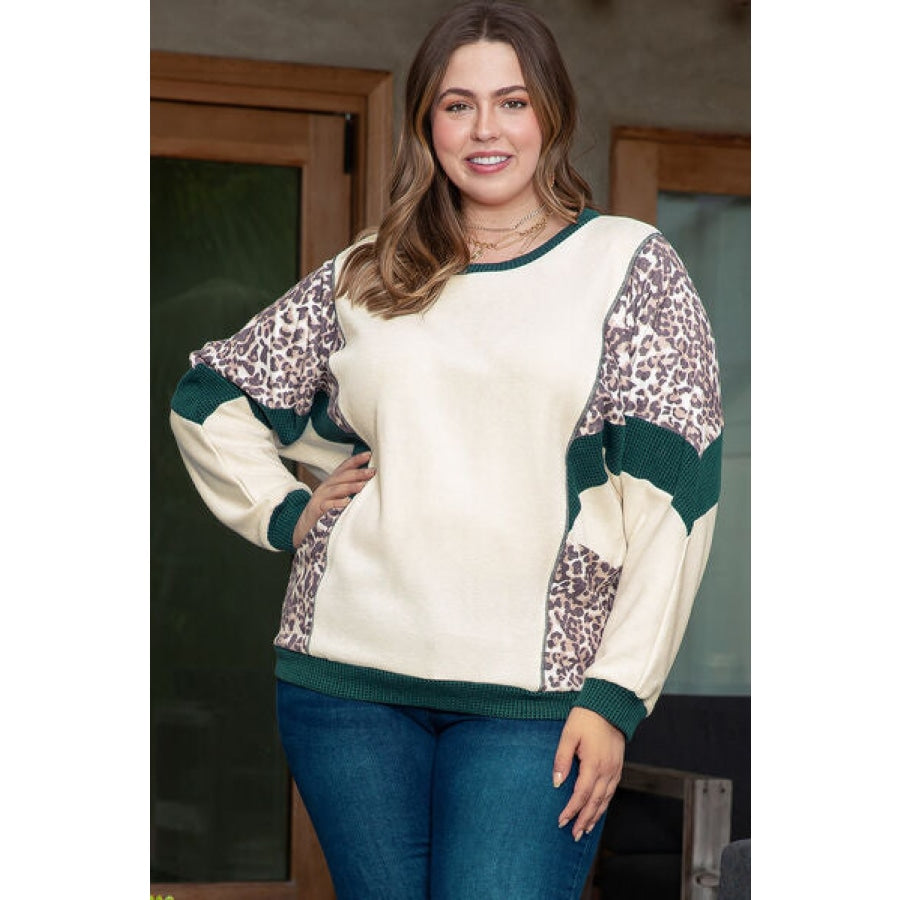 Plus Size Leopard Waffle-Knit Long Sleeve T-Shirt Cream / 1XL Clothing