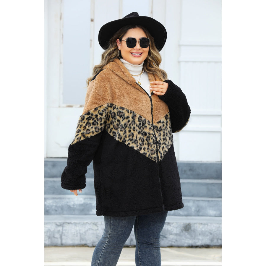 Plus Size Leopard Zip Up Hooded Outerwear Apparel and Accessories