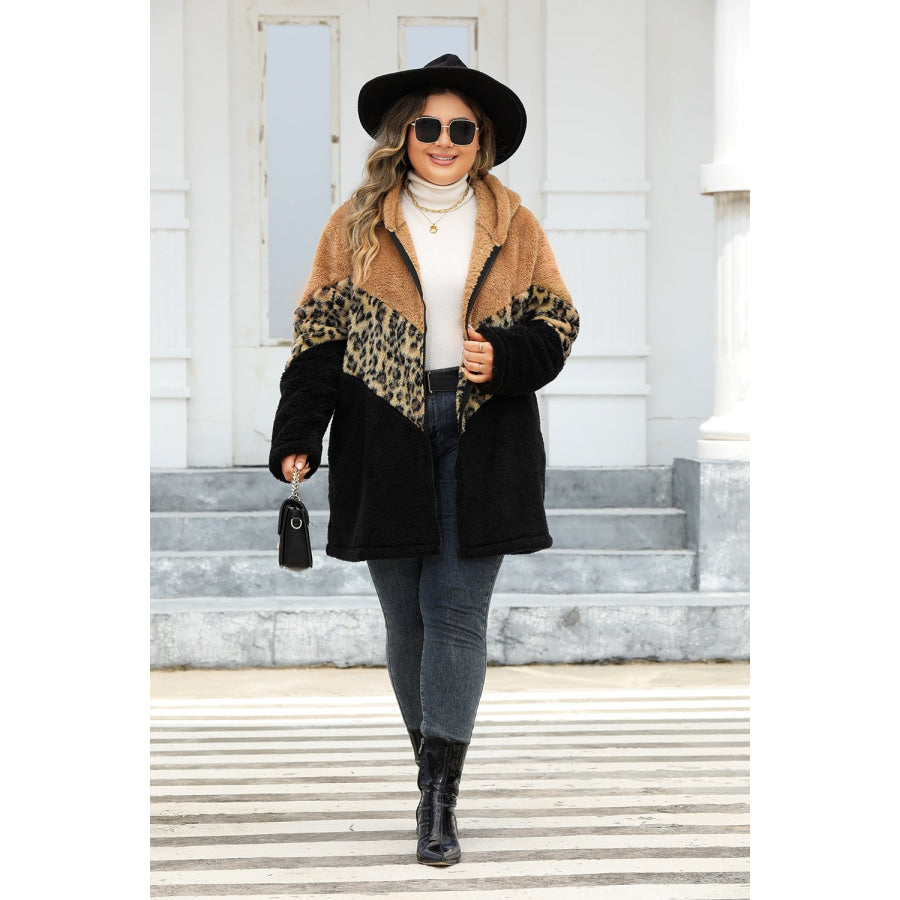 Plus Size Leopard Zip Up Hooded Outerwear Apparel and Accessories