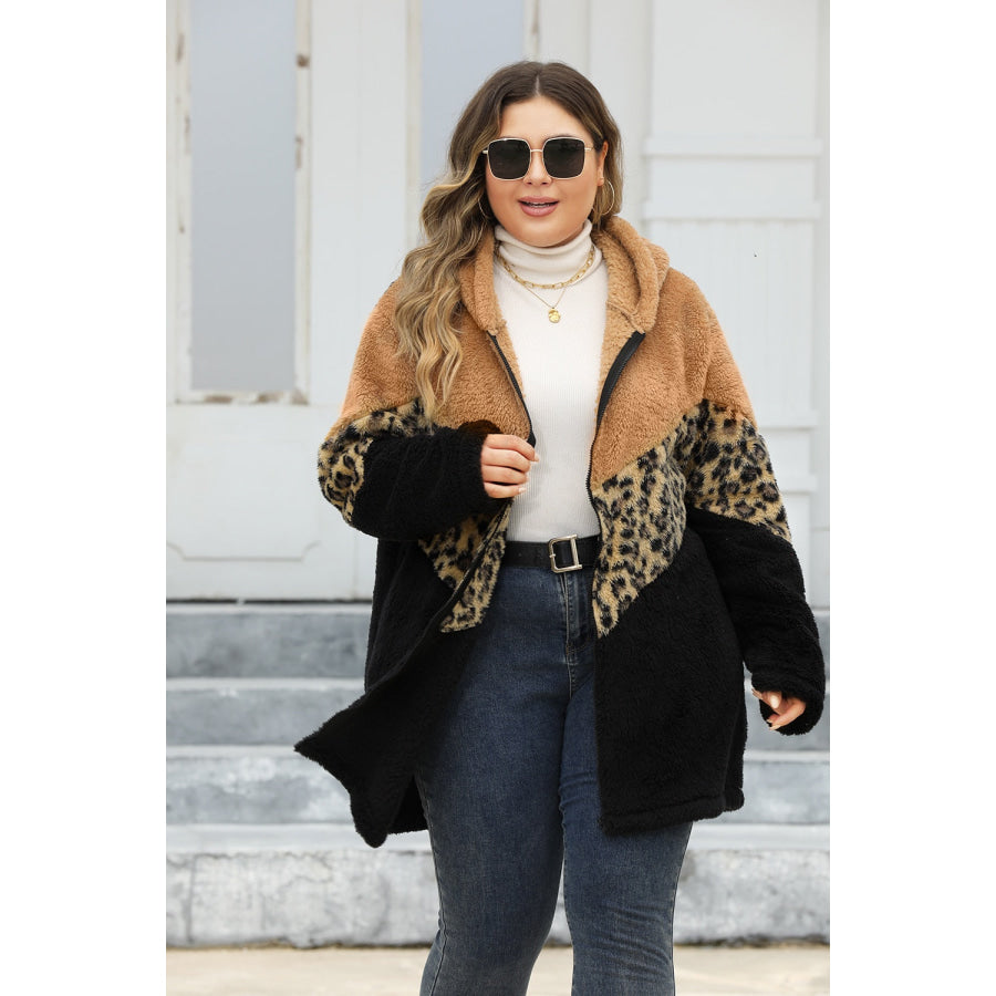 Plus Size Leopard Zip Up Hooded Outerwear Apparel and Accessories