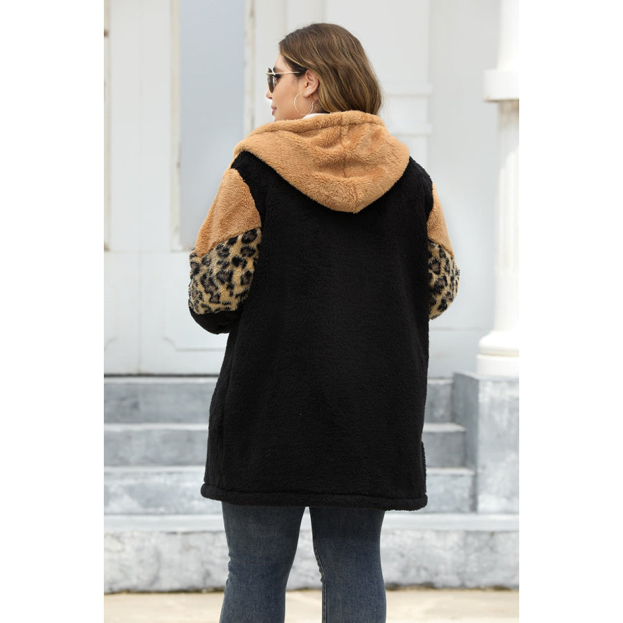 Plus Size Leopard Zip Up Hooded Outerwear Apparel and Accessories