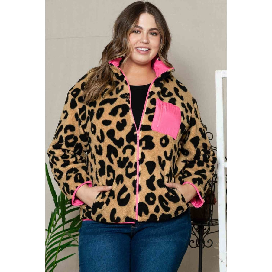 Plus Size Leopard Zip Up Jacket with Pockets Leopard / 1XL