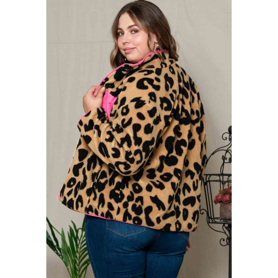 Plus Size Leopard Zip Up Jacket with Pockets