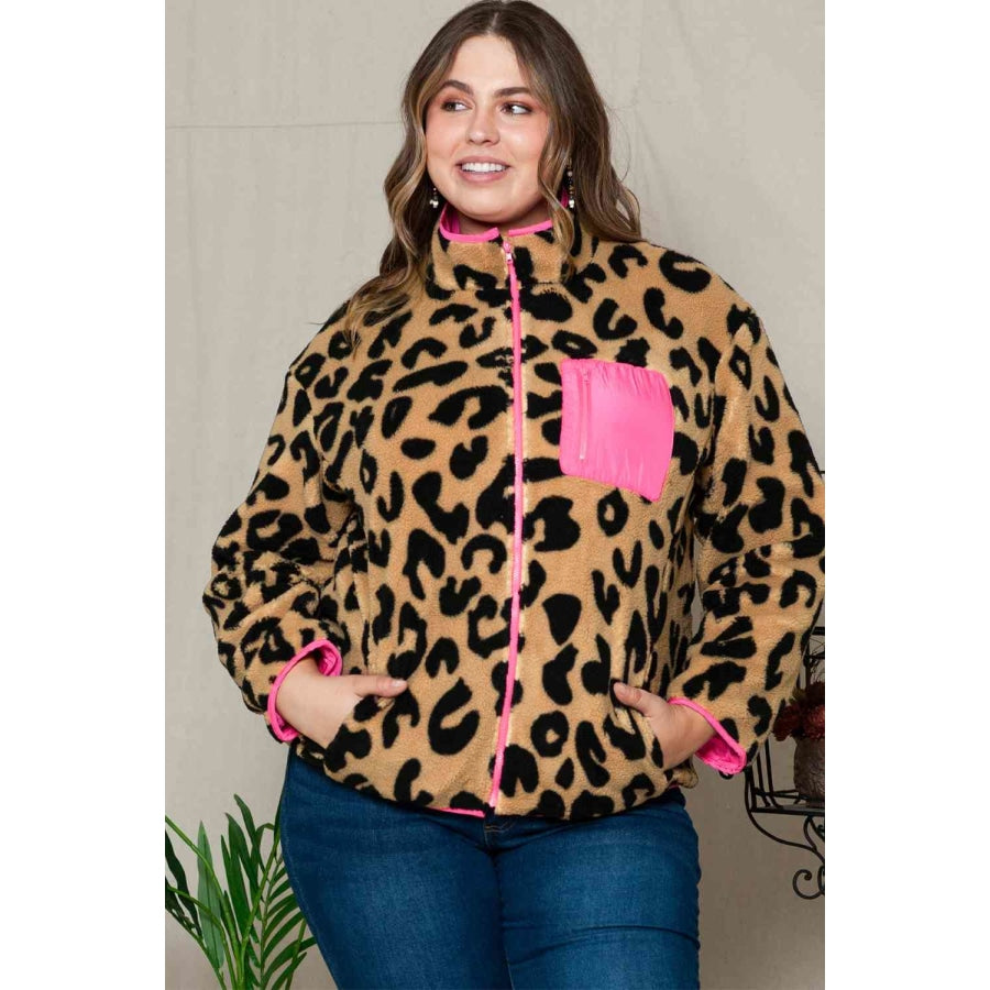 Plus Size Leopard Zip Up Jacket with Pockets