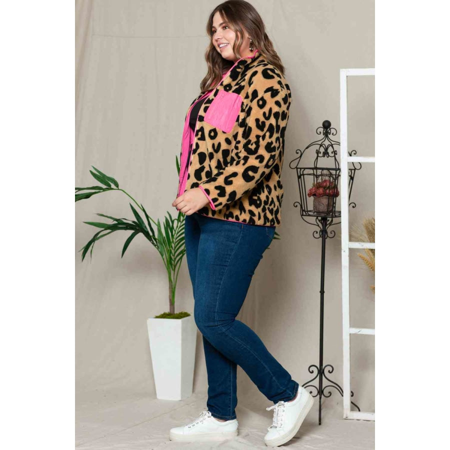 Plus Size Leopard Zip Up Jacket with Pockets