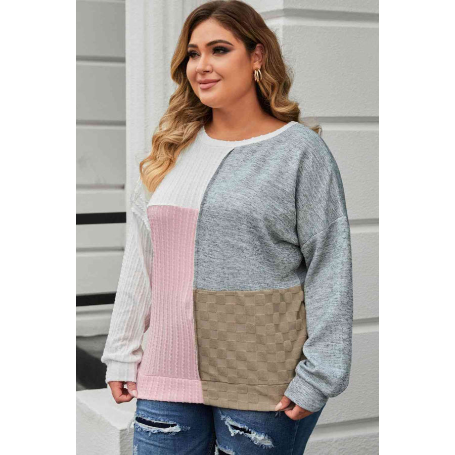 Plus Size Long Sleeve Color Block Top White / 1XL