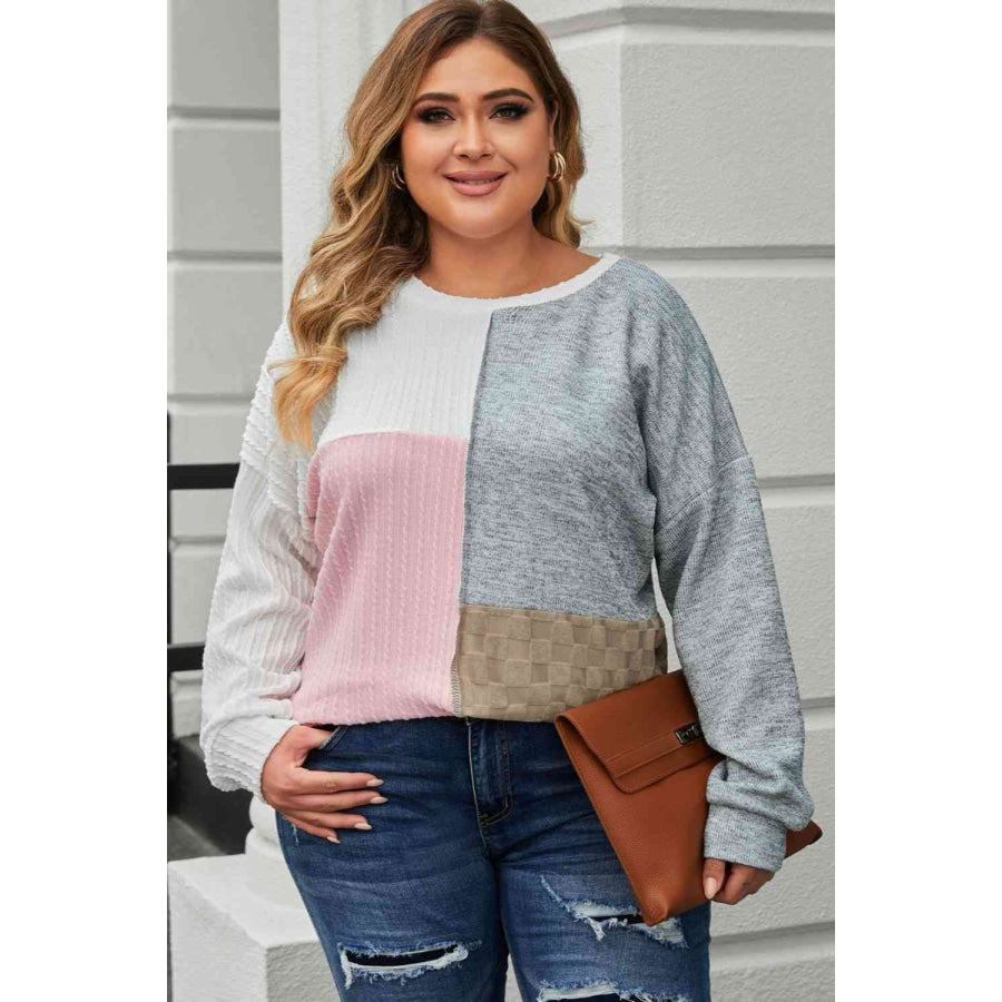 Plus Size Long Sleeve Color Block Top White / 1XL