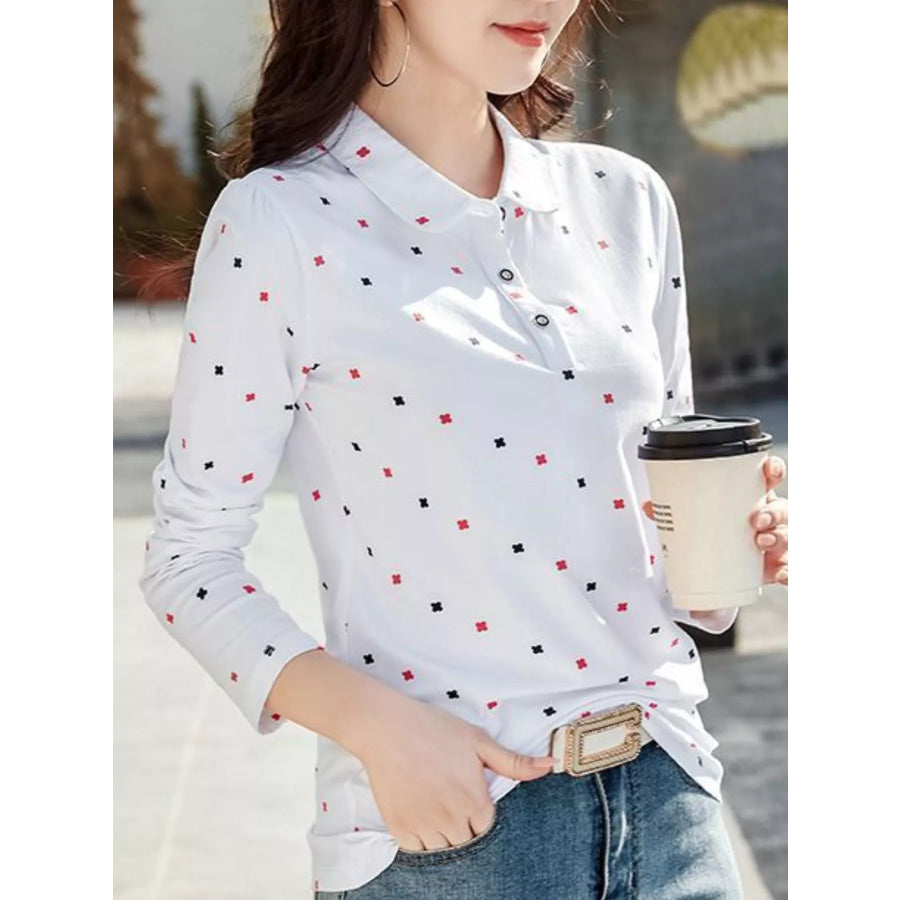 Plus Size Long-Sleeve Polo T-Shirt with Geometric Print Apparel and Accessories