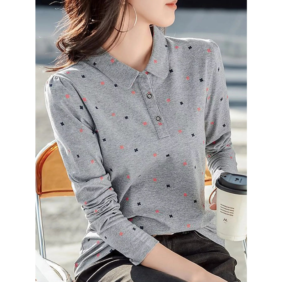 Plus Size Long-Sleeve Polo T-Shirt with Geometric Print Apparel and Accessories
