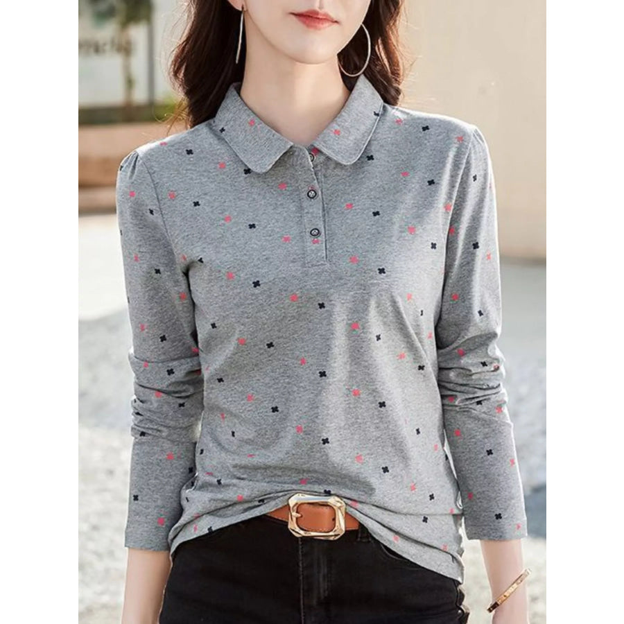 Plus Size Long-Sleeve Polo T-Shirt with Geometric Print Apparel and Accessories