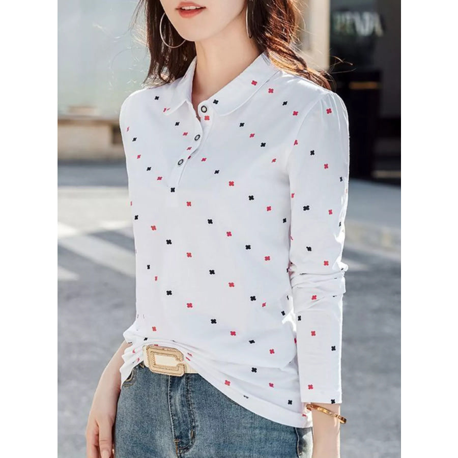 Plus Size Long-Sleeve Polo T-Shirt with Geometric Print Apparel and Accessories