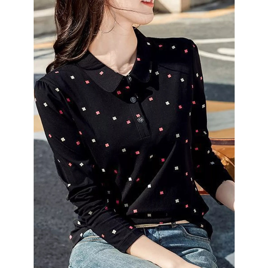 Plus Size Long-Sleeve Polo T-Shirt with Geometric Print Apparel and Accessories