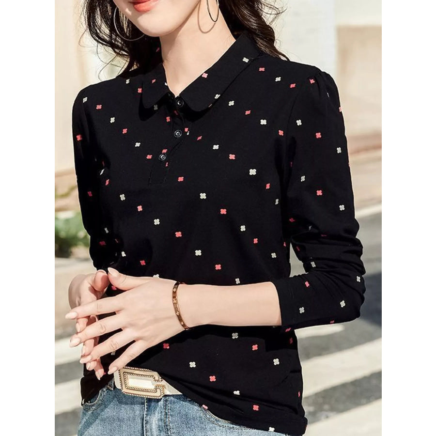 Plus Size Long-Sleeve Polo T-Shirt with Geometric Print Black-918 / M Apparel and Accessories