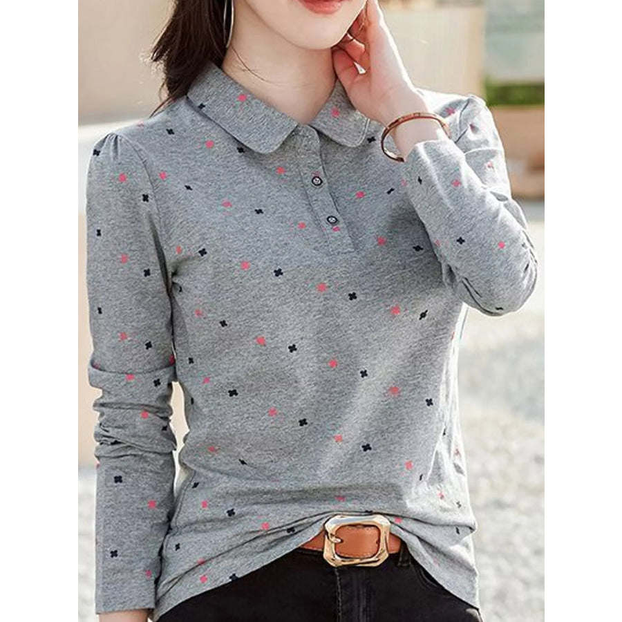 Plus Size Long-Sleeve Polo T-Shirt with Geometric Print Gray-918 / M Apparel and Accessories