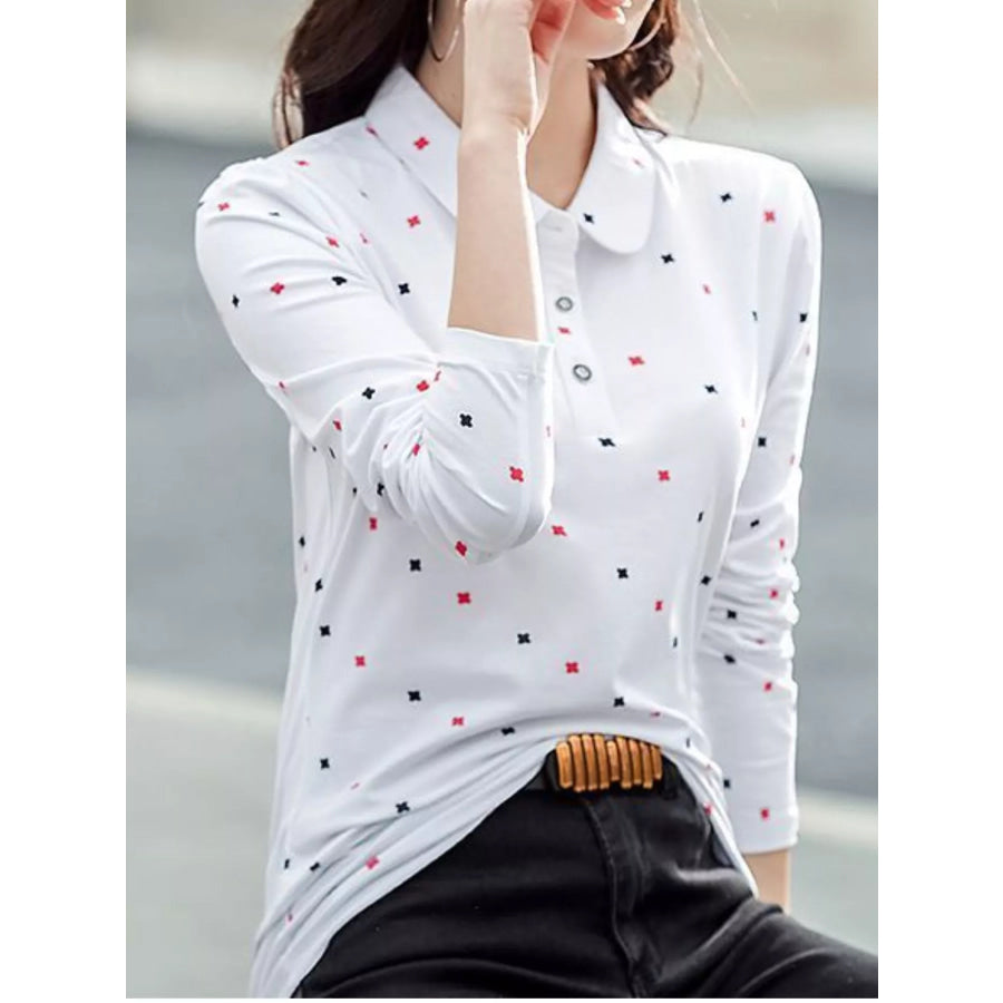 Plus Size Long-Sleeve Polo T-Shirt with Geometric Print White-918 / M Apparel and Accessories