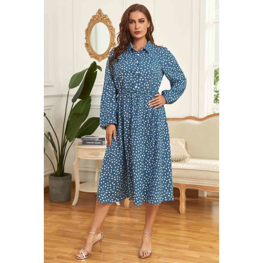 Plus Size Long Sleeve Shirt Dress Azure / 1XL