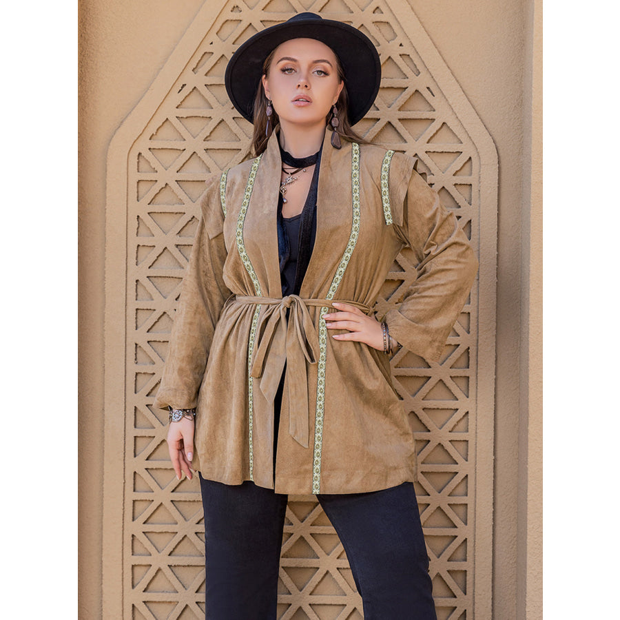 Plus Size Long Sleeve Tie Waist Cardigan Apparel and Accessories