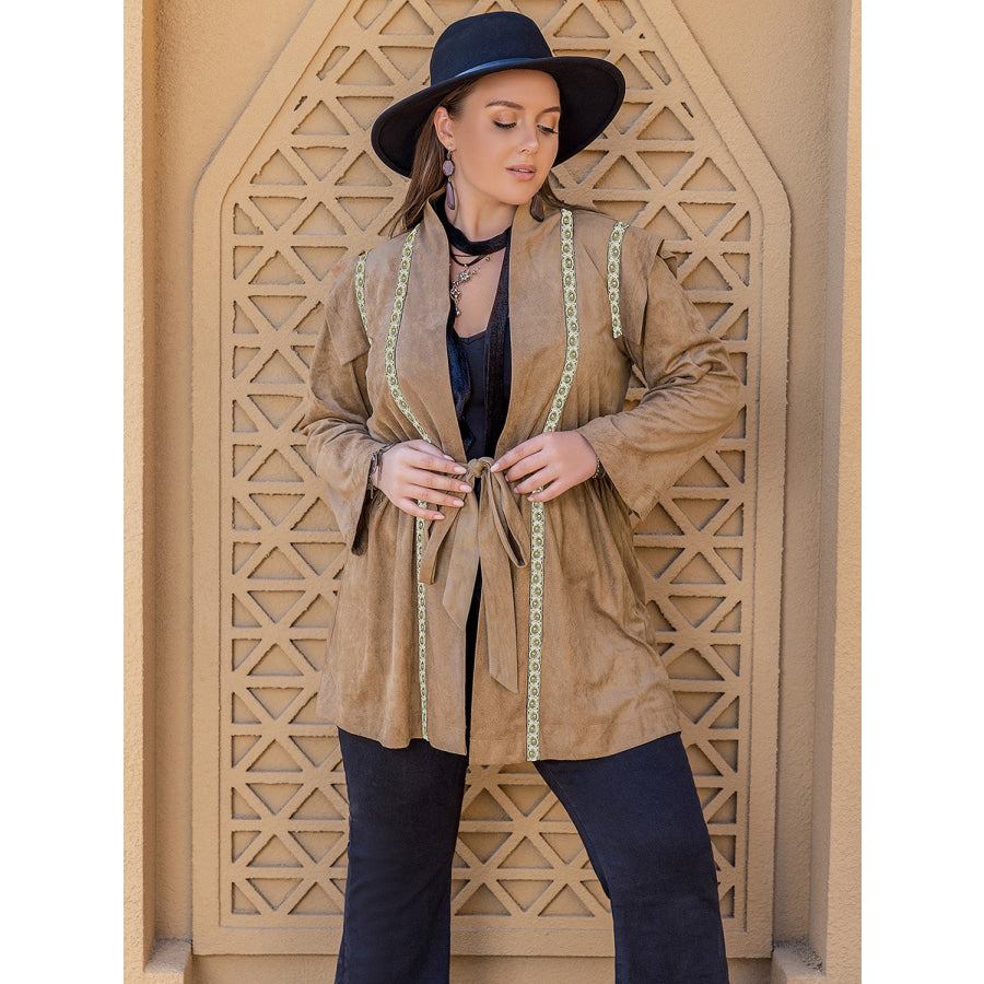 Plus Size Long Sleeve Tie Waist Cardigan Apparel and Accessories