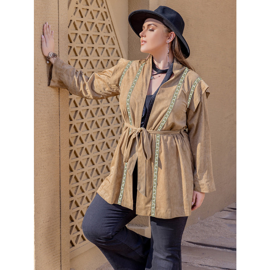 Plus Size Long Sleeve Tie Waist Cardigan Camel / 0XL Apparel and Accessories