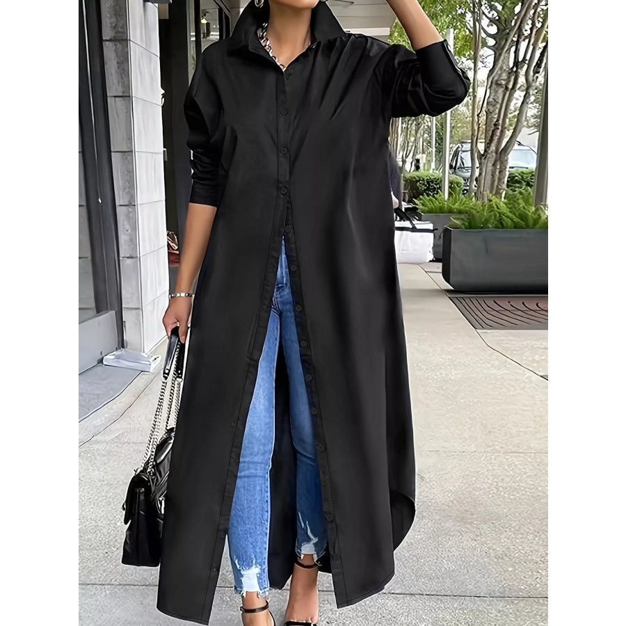 Plus Size Longline Button-Down Shirt Black / XL Apparel and Accessories