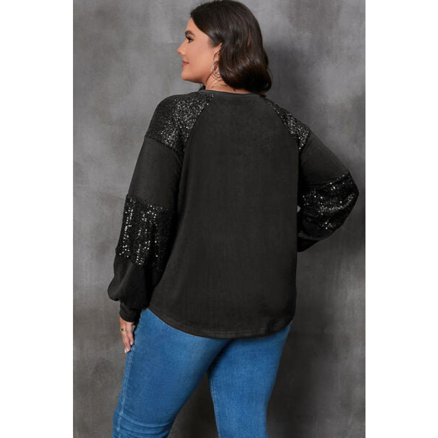 Plus Size Lucky Clover Sequin Round Neck Blouse Black / 1X Apparel and Accessories