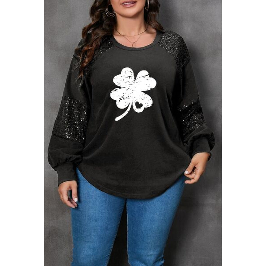 Plus Size Lucky Clover Sequin Round Neck Blouse Black / 1X Apparel and Accessories