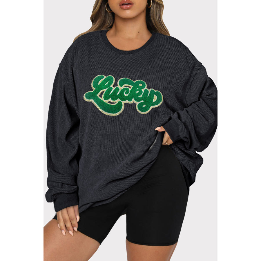 Plus Size LUCKY Round Neck Sweatshirt Black / 1X Apparel and Accessories