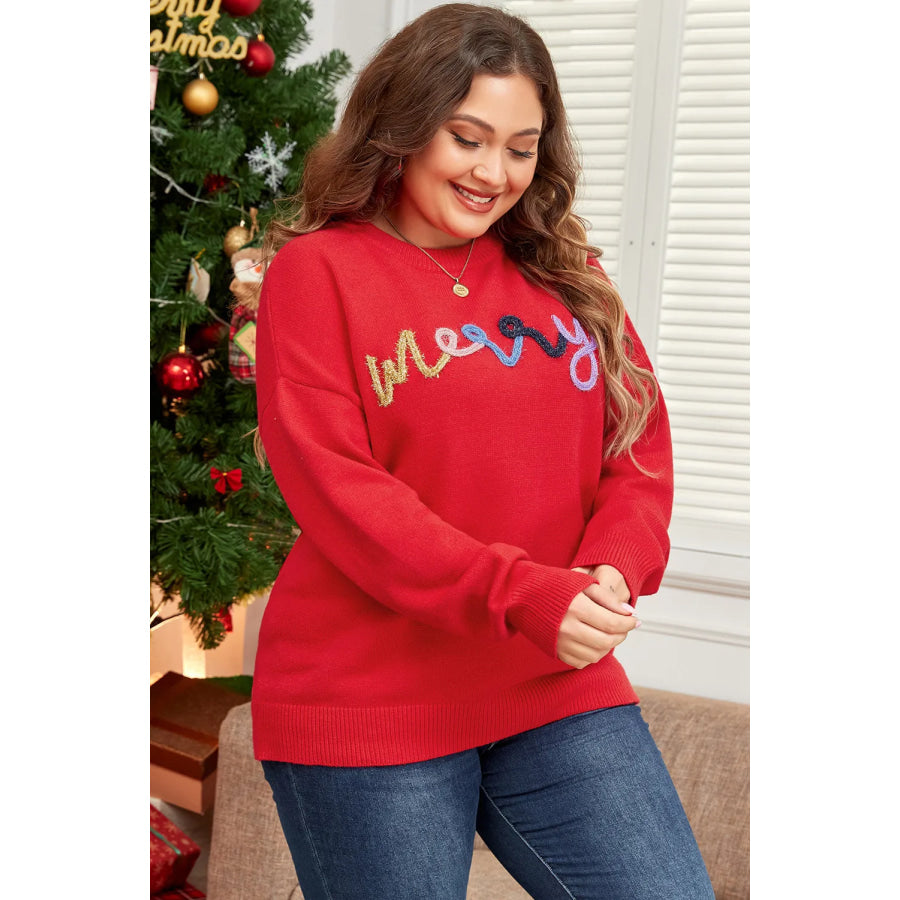 Plus Size MERRY Round Neck Long Sleeve Sweater Apparel and Accessories