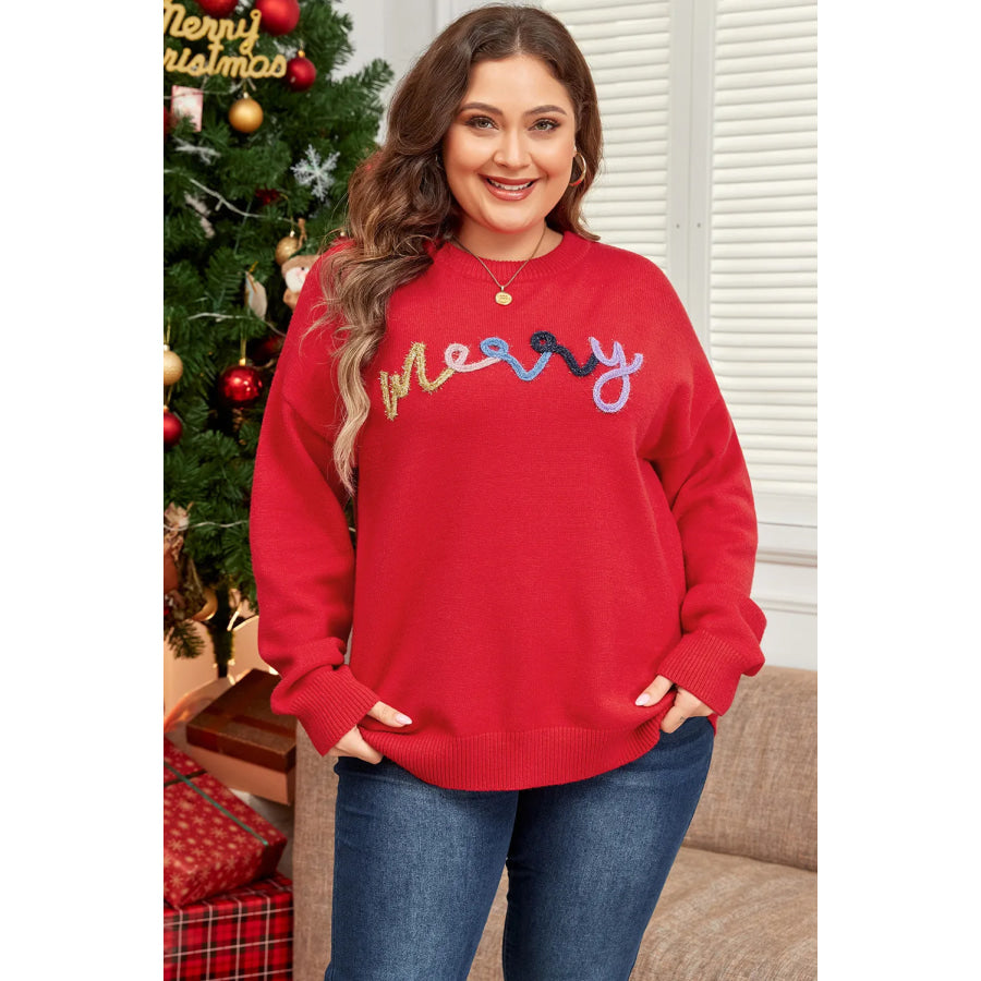 Plus Size MERRY Round Neck Long Sleeve Sweater Apparel and Accessories