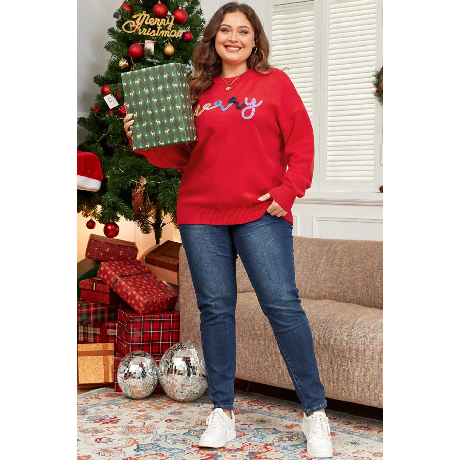 Plus Size MERRY Round Neck Long Sleeve Sweater Apparel and Accessories