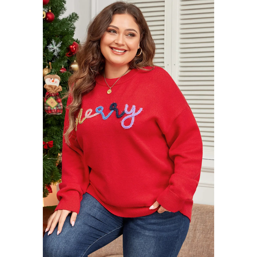 Plus Size MERRY Round Neck Long Sleeve Sweater Deep Red / 1XL Apparel and Accessories