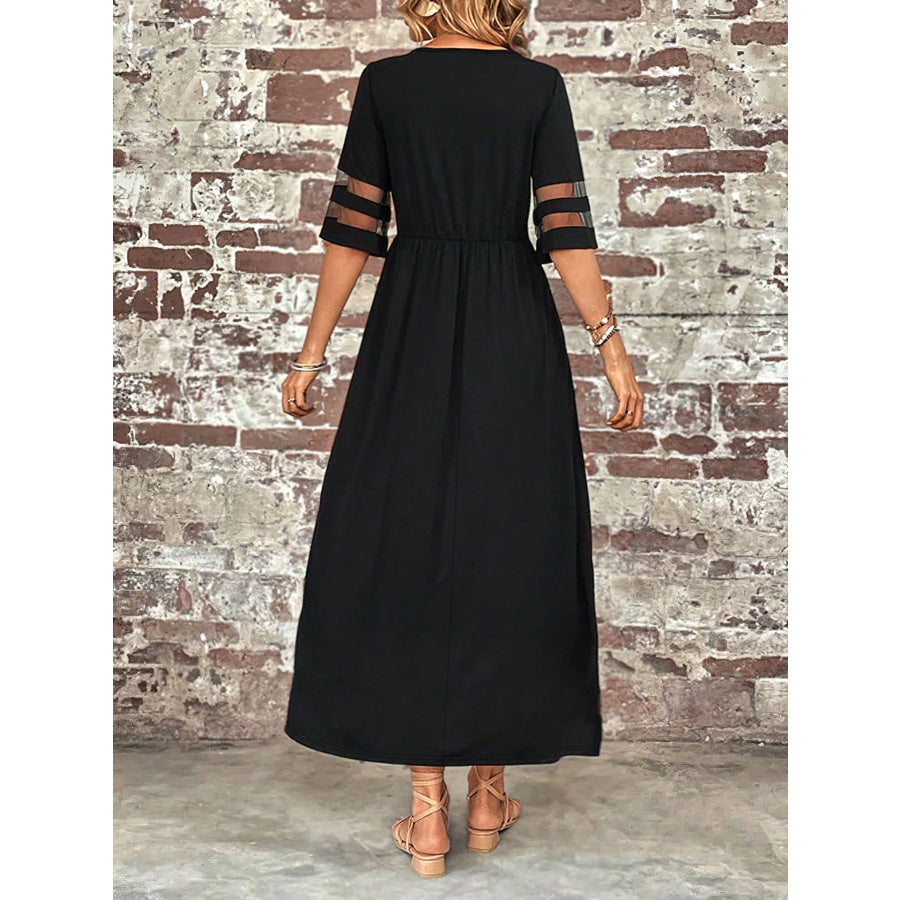 Plus Size Mesh Sleeve Round Neck Dress with Pockets Apparel and Accessories