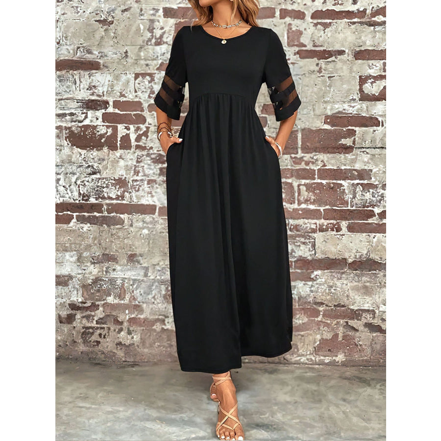 Plus Size Mesh Sleeve Round Neck Dress with Pockets Apparel and Accessories