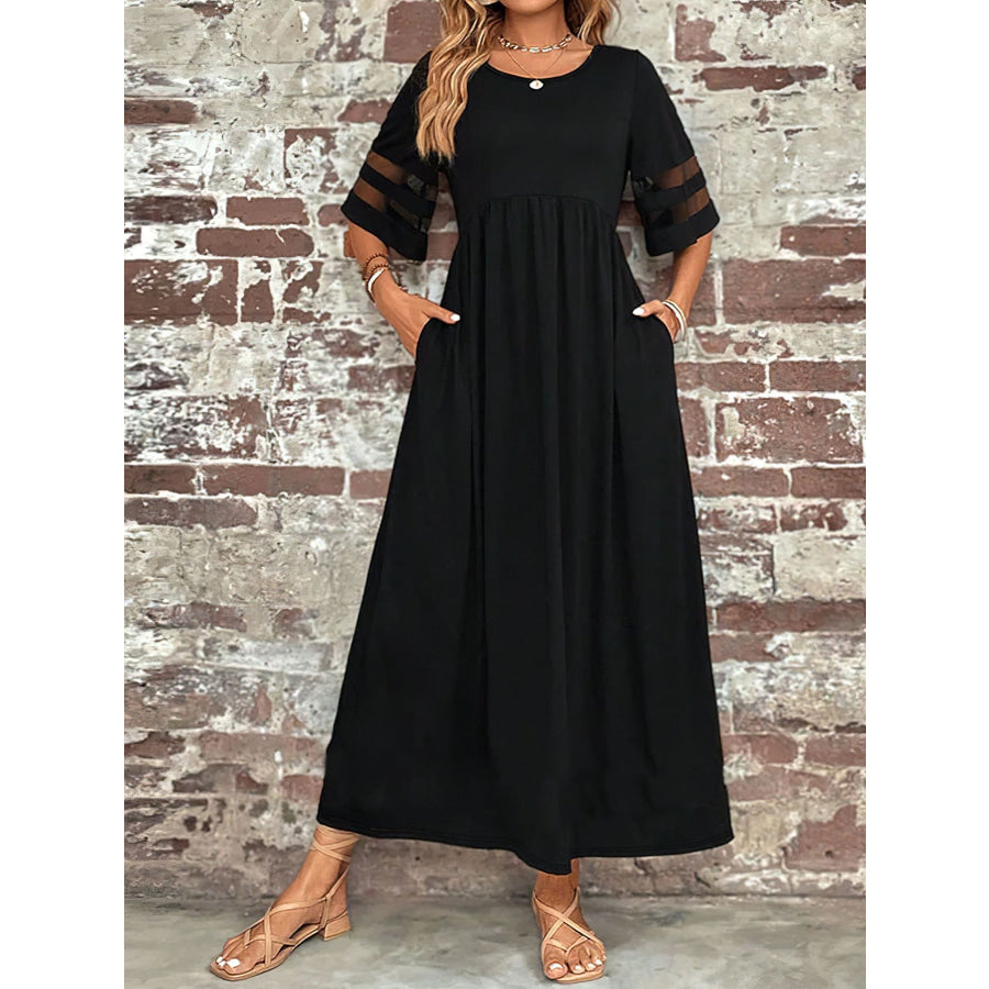 Plus Size Mesh Sleeve Round Neck Dress with Pockets Apparel and Accessories
