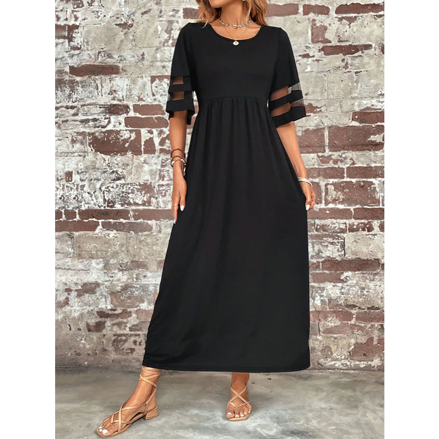 Plus Size Mesh Sleeve Round Neck Dress with Pockets Apparel and Accessories